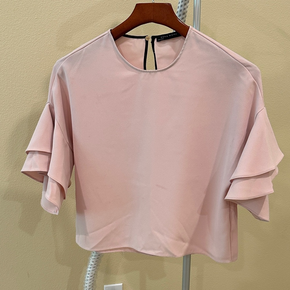 Zara Pink Crop Blouse with Ruffled Sleeves